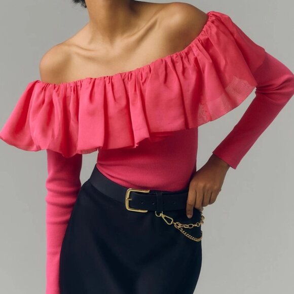 By Anthropologie Off-The-Shoulder Organza Ruffle Top Pink Long Sleeve Blouse XXS - Picture 1 of 8